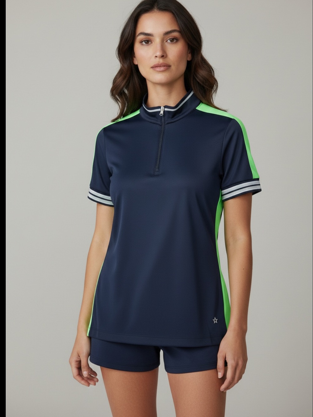 Lohla Tiffany Dark Navy and Neon Green Short-Sleeve Zip Tee Golf Size M/L
